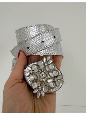 Vintage Cache Genuine Leather BeltMetallic Silver Rhinestone Buckle Sz S